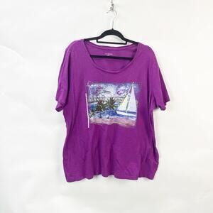 Catherines 1X 18W 20W Womens Purple Island Graphic Short Sleeve Tee Shirt